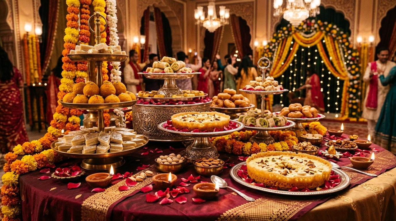 Royal Indian festive celebration feast with traditional Ghewar, Kaju Katli, Motichoor Ladoos and glowing diyas