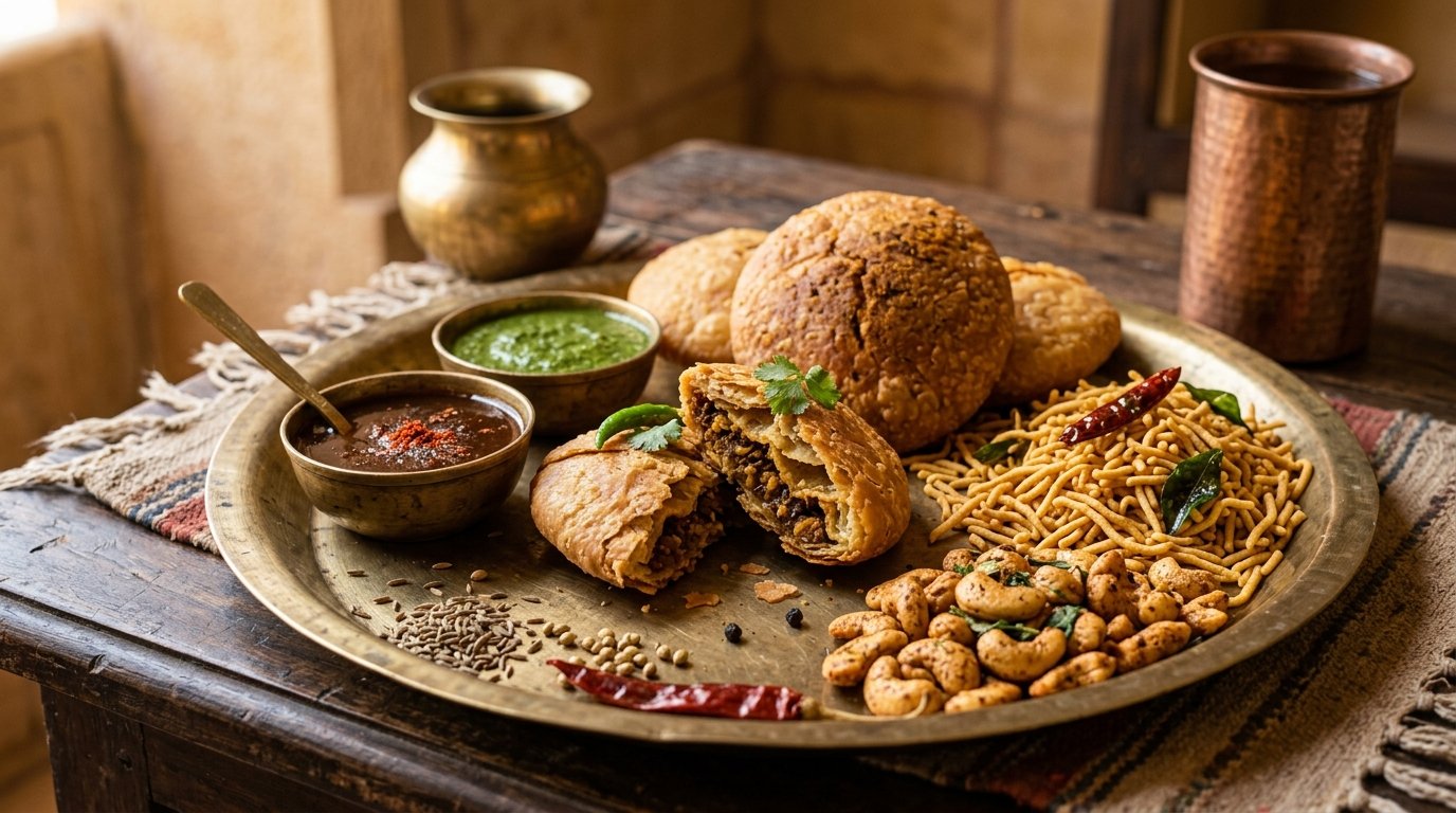 Crispy golden Kota Hing Kachori served with chutneys, Ratlami sev and spiced cashews on brass plate