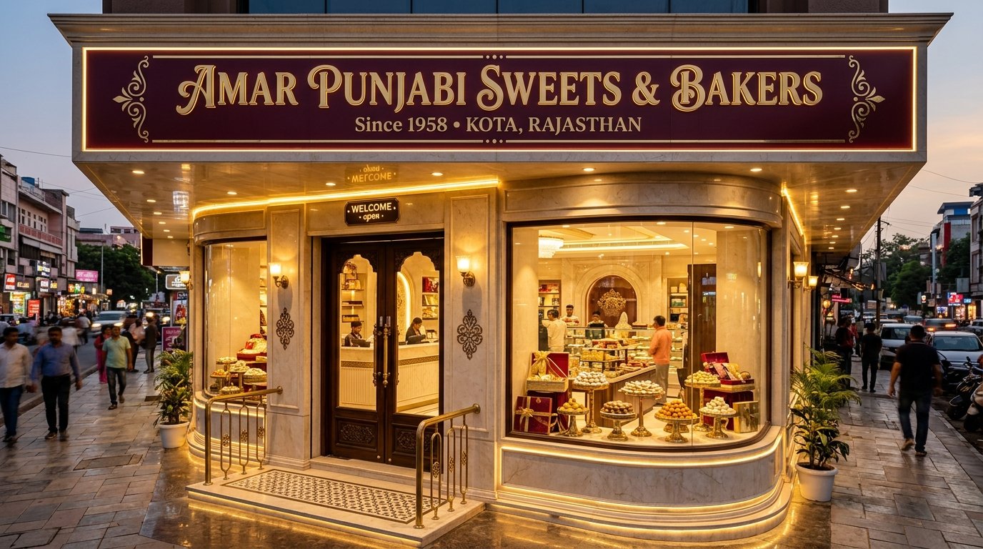 Luxury boutique storefront of Amar Punjabi Sweets & Bakers in Talwandi, Kota, Rajasthan