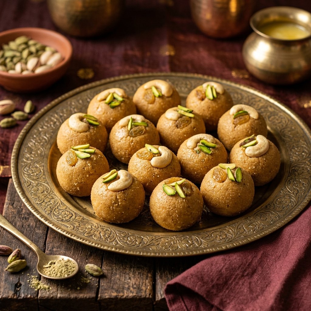 Traditional slow roasted gram flour Besan Ladoo with pure ghee and cardamom