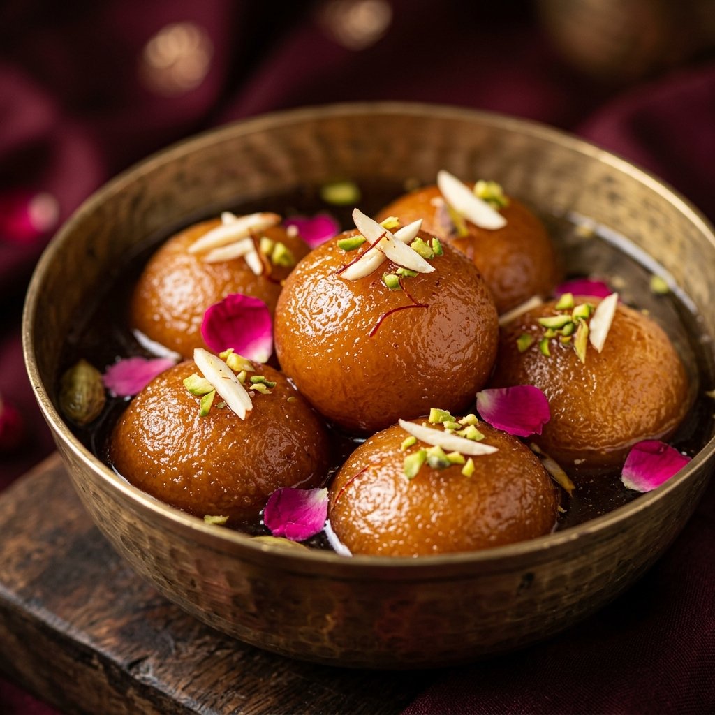 Warm golden Gulab Jamun immersed in saffron rose cardamom syrup in brass bowl