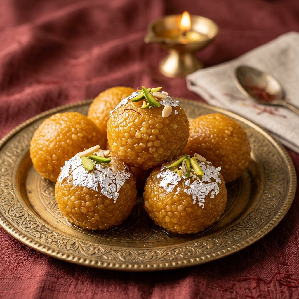 Amber saffron Motichoor Ladoos garnished with pistachios and silver foil