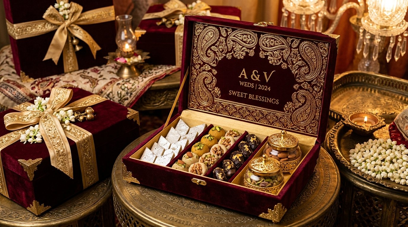 Royal deep maroon velvet and gold foil embossed wedding mithai hamper box with assorted sweets and dry fruits